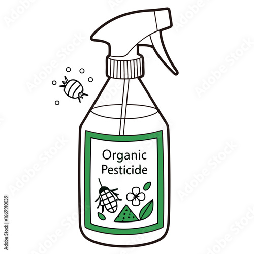Organic Pesticide Spray Bottle with Insect and Flower Graphics on White Background insecticide bug spray