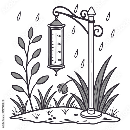 Outdoor Thermometer in Rain with Plants and Grass weather temperature