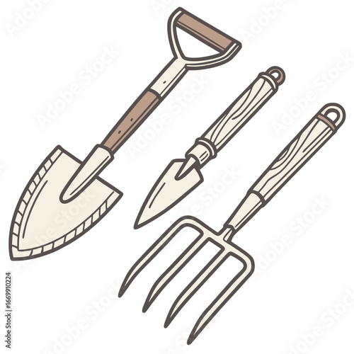 Set of three gardening tools shovel trowel and fork vector illustration