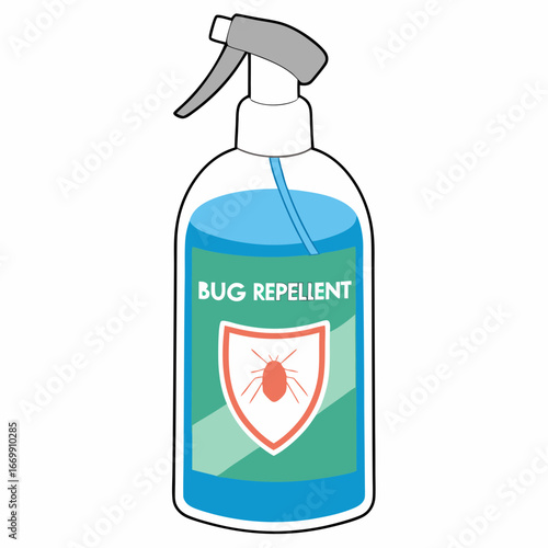 Spray Bottle Labeled Bug Repellent with Insect Icon on White Background Keywords: bug repellent, insect repellent, spray bottle, pesticide, insecticide, bug spray, pest control, chemical, cleaning