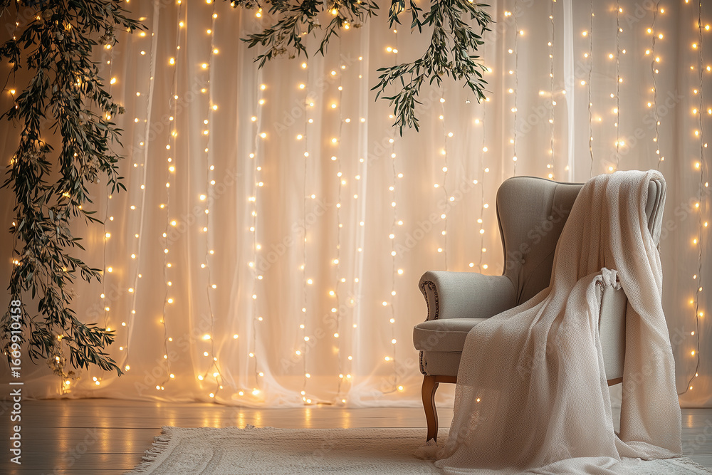 custom made wallpaper toronto digitalMaternity backdrop, wedding backdrop, photography background with tulle fabric, armchair, and fairy lights.