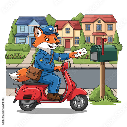 A friendly cartoon fox mailman in a blue uniform delivering a letter on a bright red scooter.
