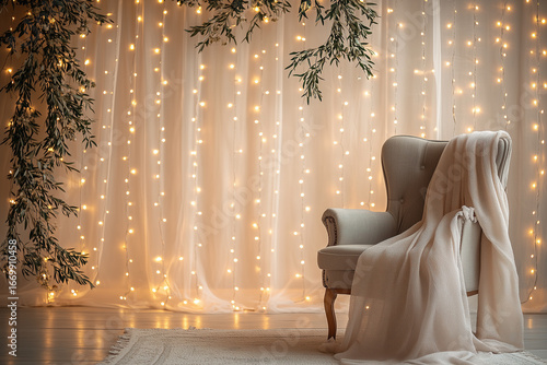 Wallpaper Mural Maternity backdrop, wedding backdrop, photography background with tulle fabric, armchair, and fairy lights. Torontodigital.ca