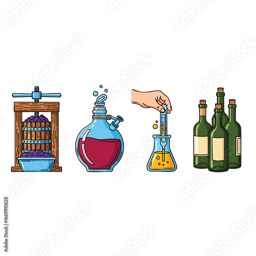 A set of colorful line art illustrations depicting the winemaking process from grape pressing and fermentation to testing and bottling.