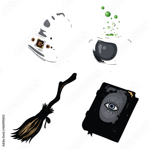 A set of four classic witch accessories a pointed hat bubbling cauldron flying broomstick and spellbook.