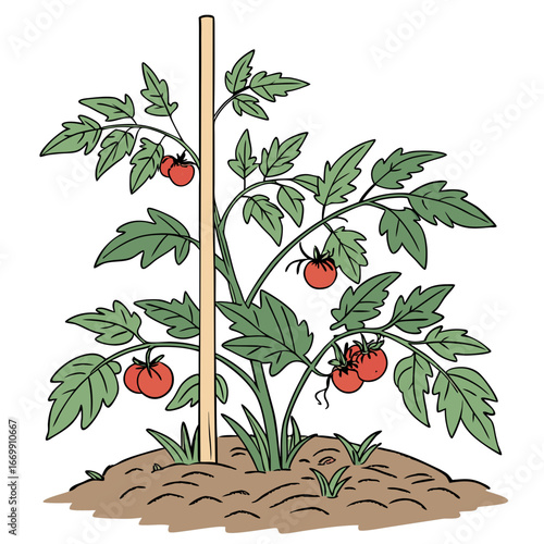 Tomato Plant Supported By Wooden Stake Growing In Soil vector illustration