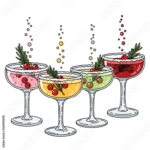 A set of four colorful bubbly cocktails in coupe glasses garnished with rosemary and cranberries.