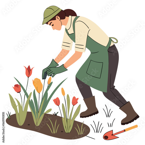 Woman in gardening clothes planting tulips in a garden with a shovel nearby flowers