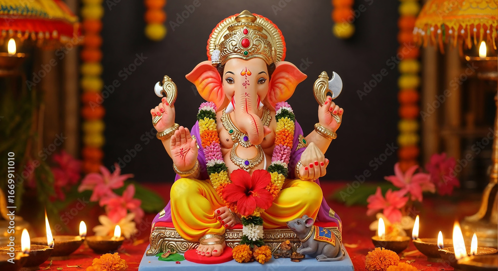 Fototapeta premium Divine Lord Ganesha Sitting on Lotus with Spiritual and Artistic Backgrounds