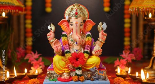 Divine Lord Ganesha Sitting on Lotus with Spiritual and Artistic Backgrounds
