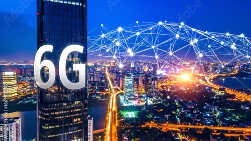 6G Network Technology Over Cityscape at Night