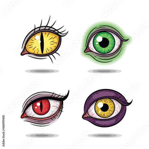 A vibrant collection of four handdrawn cartoon monster and animal eyes with unique pupils and colors.