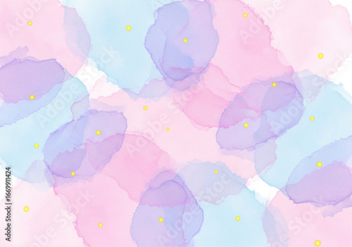 Abstract watercolor splashes in pastel pink, blue, and purple with yellow dots