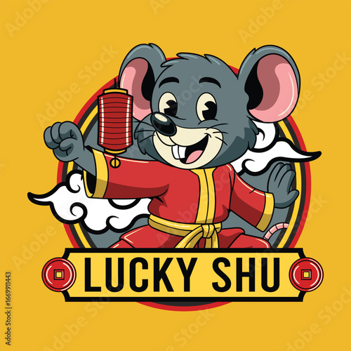 Energetic rat in red traditional outfit doing festive kung fu pose for Lunar New Year