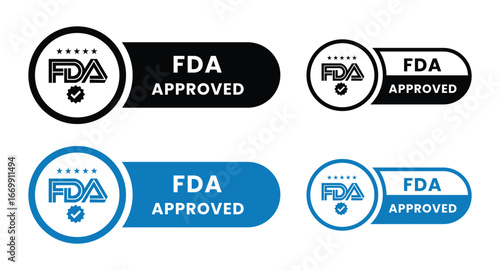 FDA Approved icon set. Food and Drug Administration FDA label, badge, logo, symbol, black, vector, isolated illustration. FDA registered certified, accepted, verified, allowed, authorized made sign