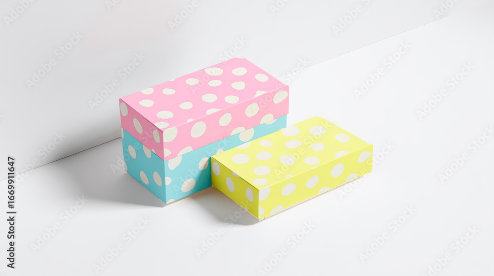 Obraz premium Rectangular packaging box mockup featuring polka dot designs in pastel colors