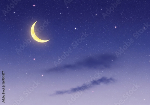 A beautiful crescent moon shines in the starry night sky with soft clouds