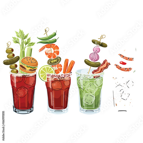 A vibrant illustration of various Bloody Mary cocktails with extravagant and savory garnishes.