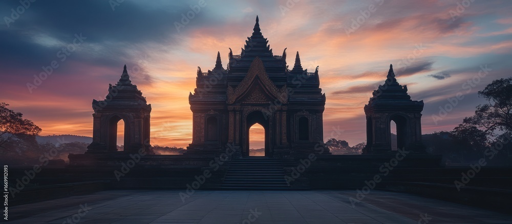 Fototapeta premium A majestic temple silhouetted against a colorful sunset sky, showcasing architectural beauty.