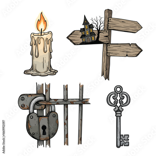 Handdrawn collection of spooky Halloween elements a lit candle haunted signpost locked gate and vintage key.