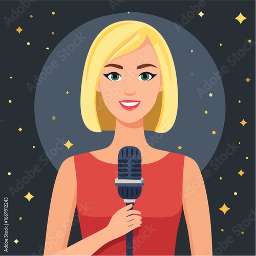 Beautiful blonde woman with microphone on black background