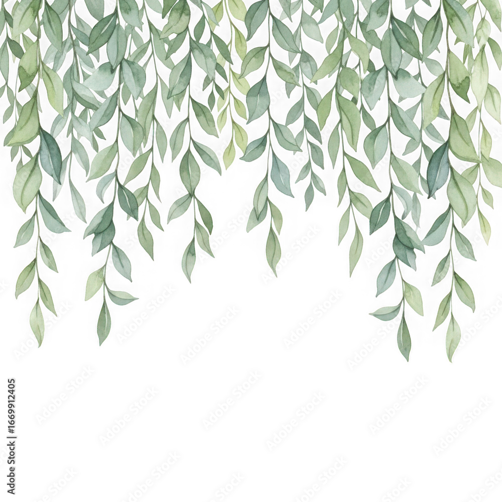Naklejka premium Delicate green and white leaves cascading downward against a dark backdrop