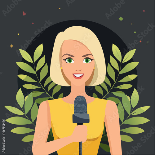 Beautiful blonde woman with microphone on black background