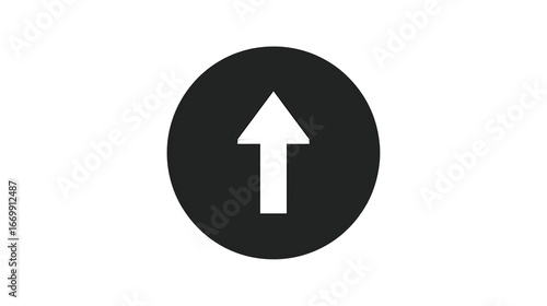 Bold white upward arrow centered in a solid black circle, flat vector icon representing growth, progress, and navigation for business and UI design