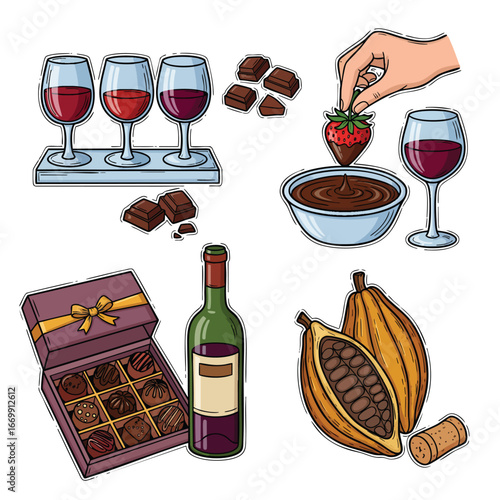 Illustrated sticker set of wine and chocolate pairings including tasting flight fondue and cacao.