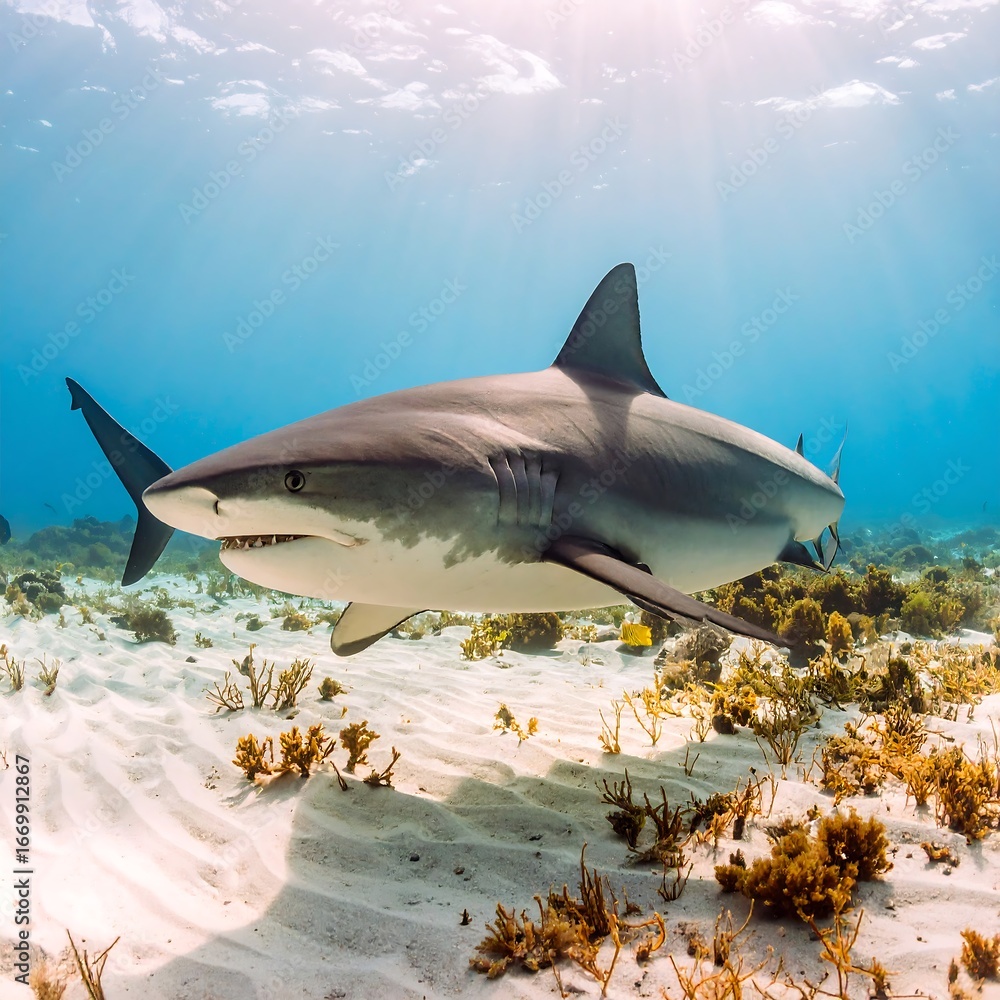 Fototapeta premium Shark swimming ocean floor, Caribbean sea