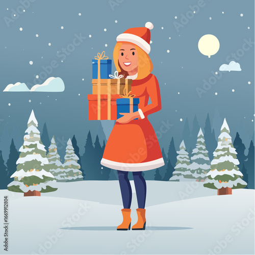 Beautiful blonde girl holding Christmas winter presents