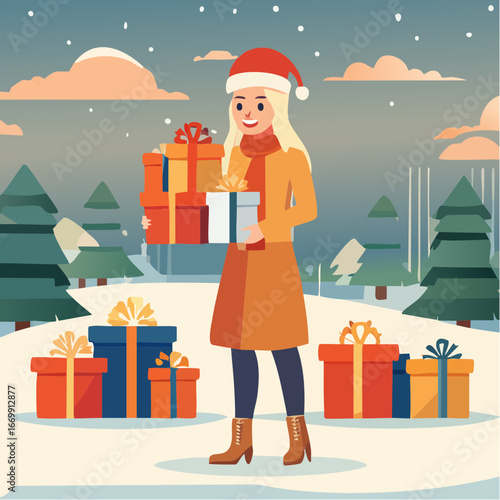 Beautiful blonde girl holding Christmas winter presents