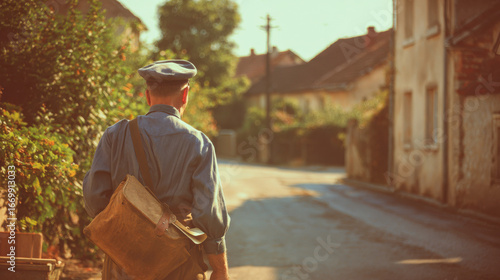 Fototapeta Naklejka Na Ścianę i Meble -  World War II era postman walking down a quiet street in a small town