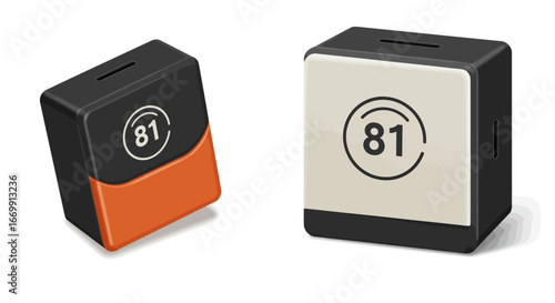 Two 3D models of small, square, black and orange storage containers, displaying a circular 81 icon.