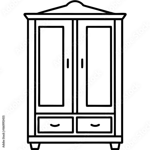 Minimalist line art of an open wardrobe with clothes