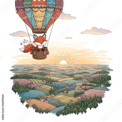 Whimsical illustration of a cute fox in a hot air balloon flying over a patchwork landscape at sunrise.