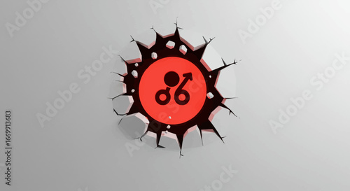 A red gay male symbol emblem revealed through a cracked and shattered white wall.