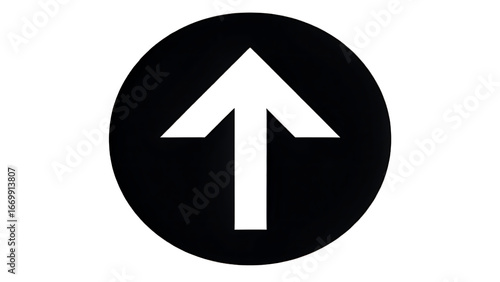 Bold white upward arrow centered in a solid black circle, flat vector icon representing growth, progress, and navigation for business and UI design