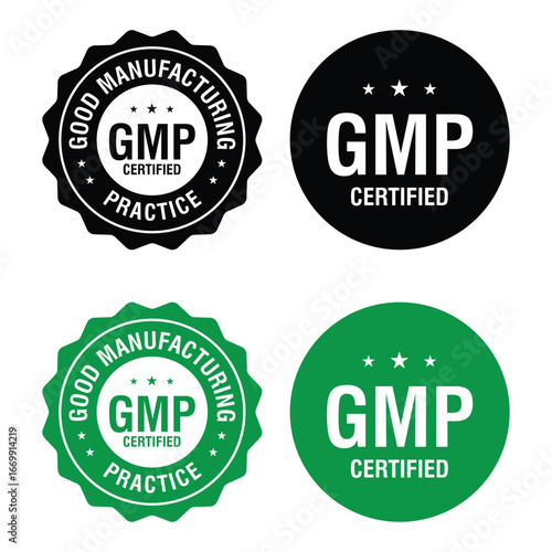 GMP Certified logo. Good Manufacturing Practice Certified Set Badge, Stamp, Icon, Seal, Label, Tag, Emblem For CBD Label Oil and Packaging Design. Vector Illustration