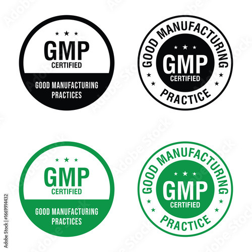 GMP Certified logo. Good Manufacturing Practice Certified Set Badge, Stamp, Icon, Seal, Label, Tag, Emblem For CBD Label Oil and Packaging Design. Vector Illustration