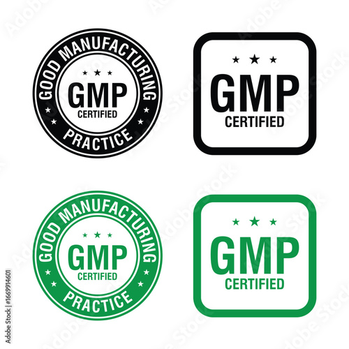 GMP Certified logo. Good Manufacturing Practice Certified Set Badge, Stamp, Icon, Seal, Label, Tag, Emblem For CBD Label Oil and Packaging Design. Vector Illustration