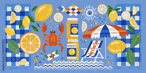 Italian Summer Picnic Lemons Sardines and Beach Scene