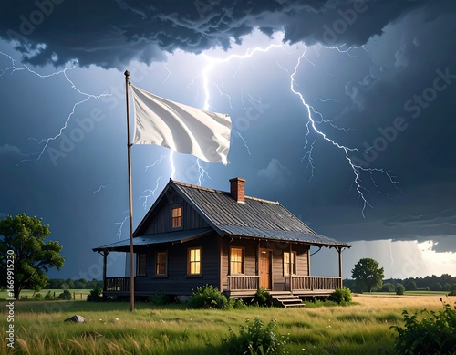 Stormy house with white flag