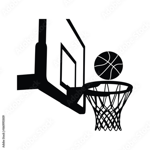 Illustration of a basketball going into a hoop, isolated on white background, showcasing the sport and the excitement of scoring a point