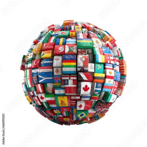 Globe made from world flags, showcasing diversity and global unity on black background