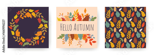 Set of autumn square templates for social networks. Layout with fall pattern, wreath and frame. Background with space for text for design of leaflets, booklets, flyers, brochures and other products.