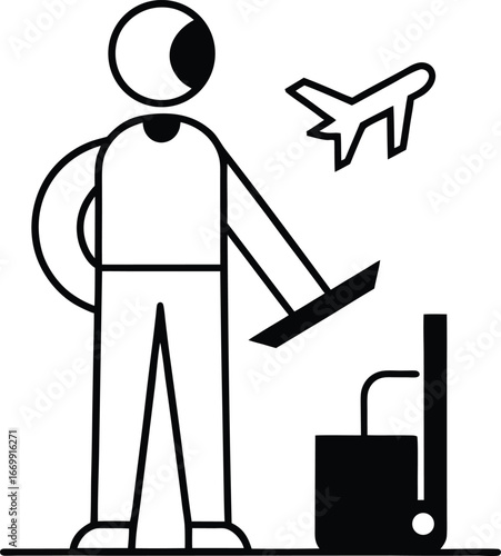 Stick figure with luggage and airplane