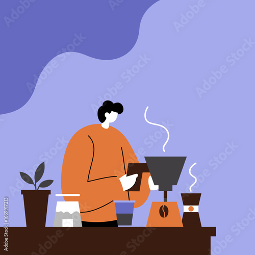 Minimalist illustration of a person brewing pour-over coffee at home. Perfect for lifestyle, morning routines, comfort, and small business concepts.