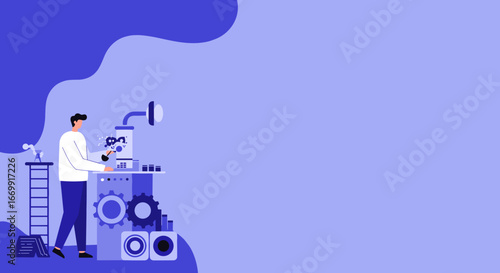 Man working with advanced scientific equipment, performing research and development tasks. Represents innovation, technology, and problem-solving in a lab setting.