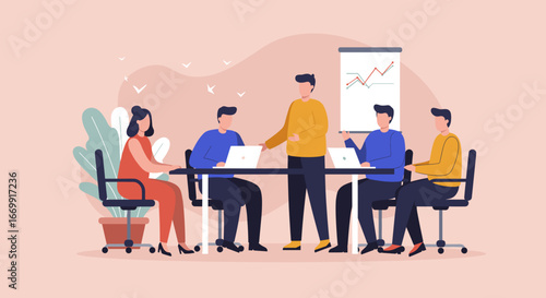 Diverse business team collaborating in a meeting, analyzing growth data on a whiteboard. Ideal for corporate strategy, teamwork, and professional development concepts.